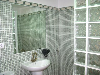 Das Bad der Ferienwohung mit grosser Spiegelwand ist mit grnen Mosaik Fliesen gestaltet